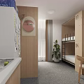 Modern Student Dorm Room With Bunk Beds Wooden Lockers Desk Chair Shelves Plant And Decorations