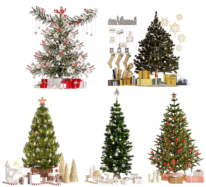 Festive Christmas Trees In Various Styles With Decorations Gifts And Stars 3d model 