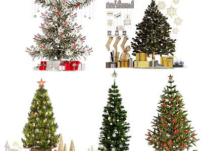 Festive Christmas Trees In Various Styles With Decorations Gifts And Stars 3d model
