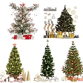 Festive Christmas Trees In Various Styles With Decorations Gifts And Stars