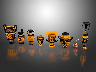 Set Of Yellow And Black Ornamental Vases With Various Shapes And Sizes For Home Decor 3d model