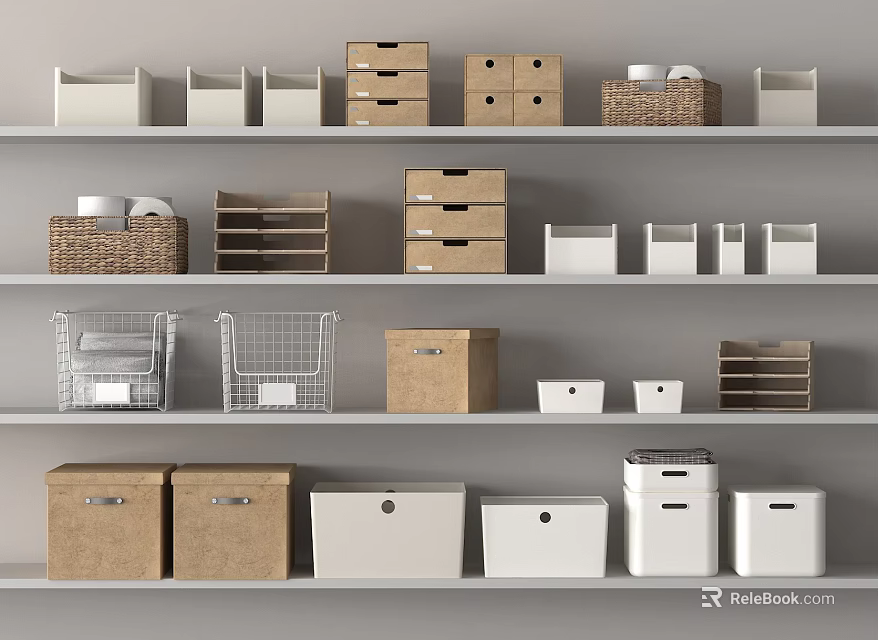 Stylish Storage Baskets For Home Organization On Multi Layer Shelves 3d model 
