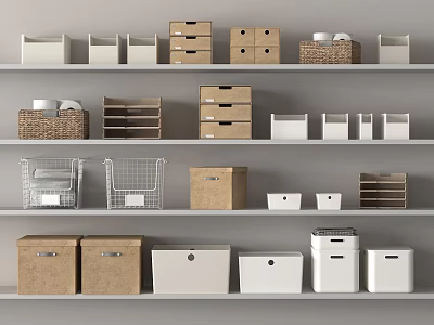 Stylish Storage Baskets For Home Organization On Multi Layer Shelves 3d model