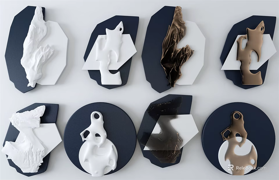 Modern Geometric Wall Decor With Black White Brown Ceramic Art Pieces 3d model 