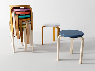 Colorful Wooden Stools Stacked And Single With Curved Legs In Modern Design 3d model