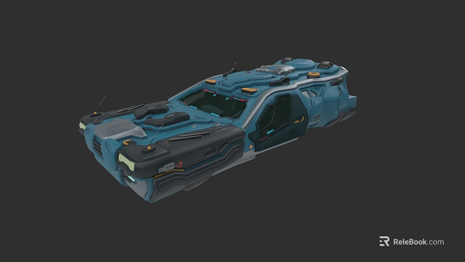 Futuristic Blue Sci Fi Car With Open Doors And Unique Roof Equipment 3d model 