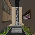 Traditional Chinese Elevator Hallway With Peking Opera Masks Wooden Lattice Decorative Column And Green Plants
