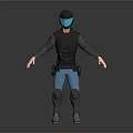 Man Wearing Black Armored Suit With Helmet Blue Visor Blue Pants And Black Boots