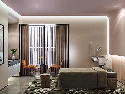 Relaxing Modern SPA Sauna Interior With Massage Bed Cozy Chairs Curtains And Plants 3d model
