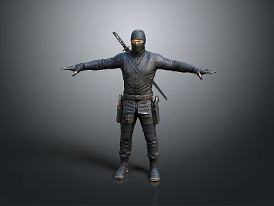 Man in Black Ninja Outfit with Arms Outstretched and Sword on Back 3d model