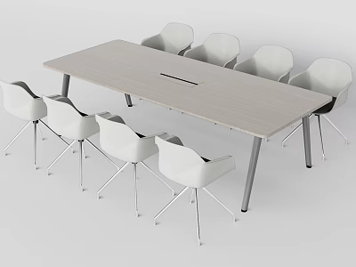 Modern Conference Table With Light Wood Surface Cable Management Slot And White Chairs 3d model