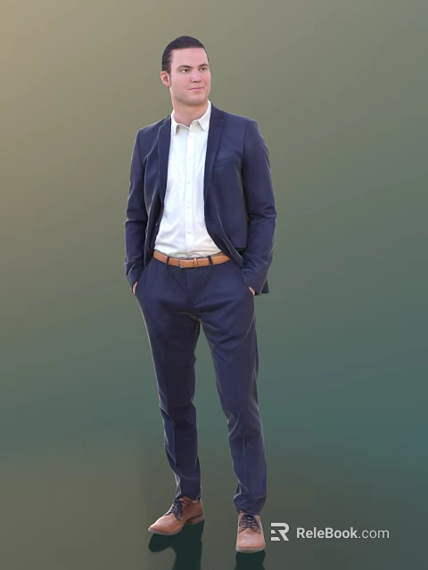 A Man in Navy Blue Suit White Shirt Brown Belt Standing with Hands in Pockets 3d model 