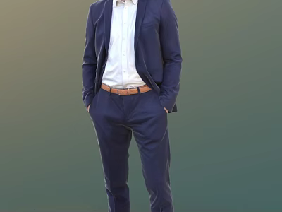 A Man in Navy Blue Suit White Shirt Brown Belt Standing with Hands in Pockets 3d model