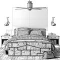 Double Bed In Cozy Bedroom With Upholstered Headboard Blue Plaid Bedding And Black Nightstands