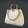 Elegant White Crocodile Texture Handbag With Golden Metal Handle And Chain Design