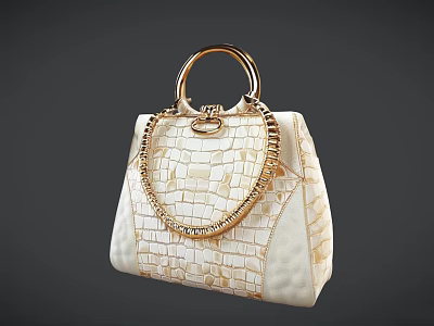 Elegant White Crocodile Texture Handbag With Golden Metal Handle And Chain Design 3d model