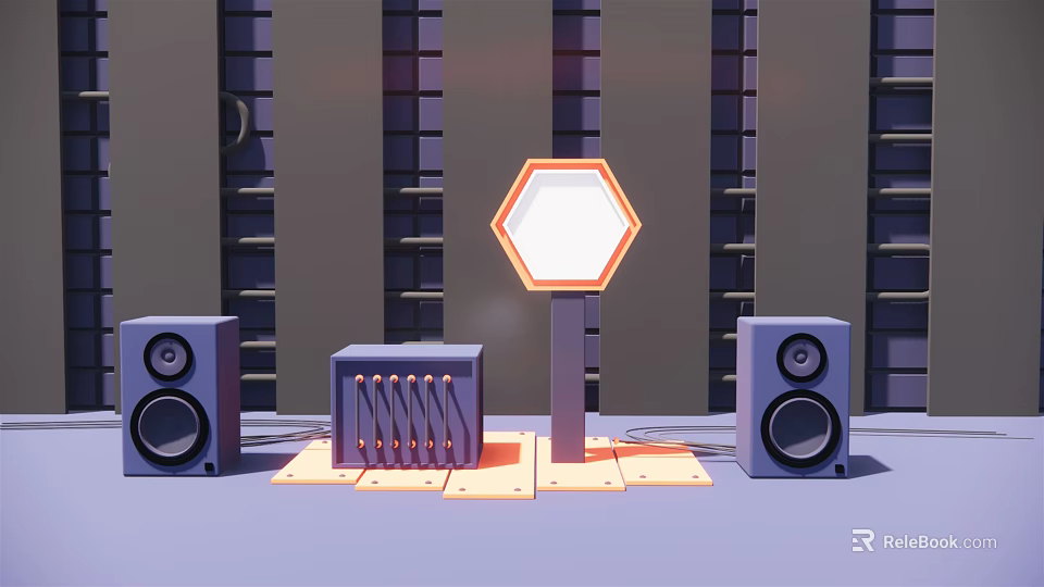Modern Audio Speakers Setup With Hexagonal Sign And Industrial Background Decor 3d model