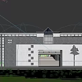 Modern Traditional Museum Building With Glass Windows Gray Brick Walls Green Lawn And Trees