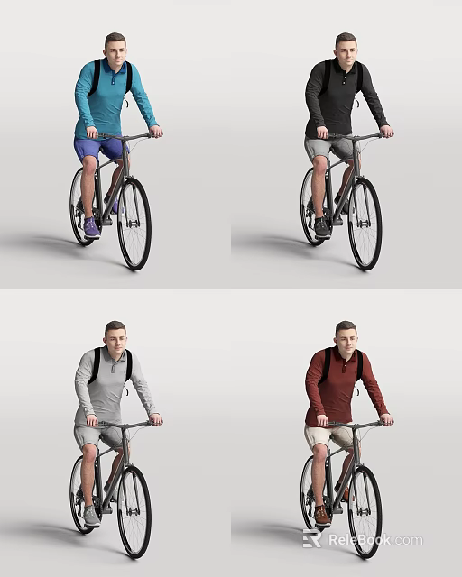 Active Men Riding Bicycles With Blue Black Gray Red Casual Outfits 3d model 