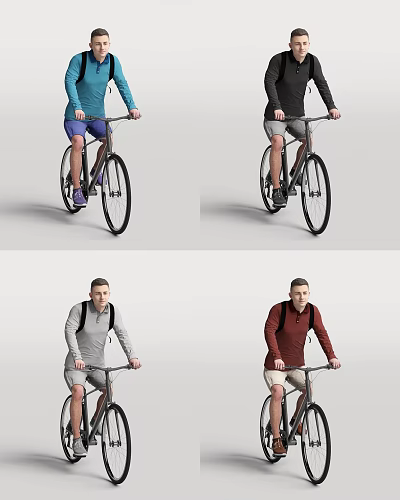 Active Men Riding Bicycles With Blue Black Gray Red Casual Outfits 3d model