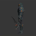 Futuristic Mechanical Armored Warrior Character With Orange Glowing Armor And Dual Weapons