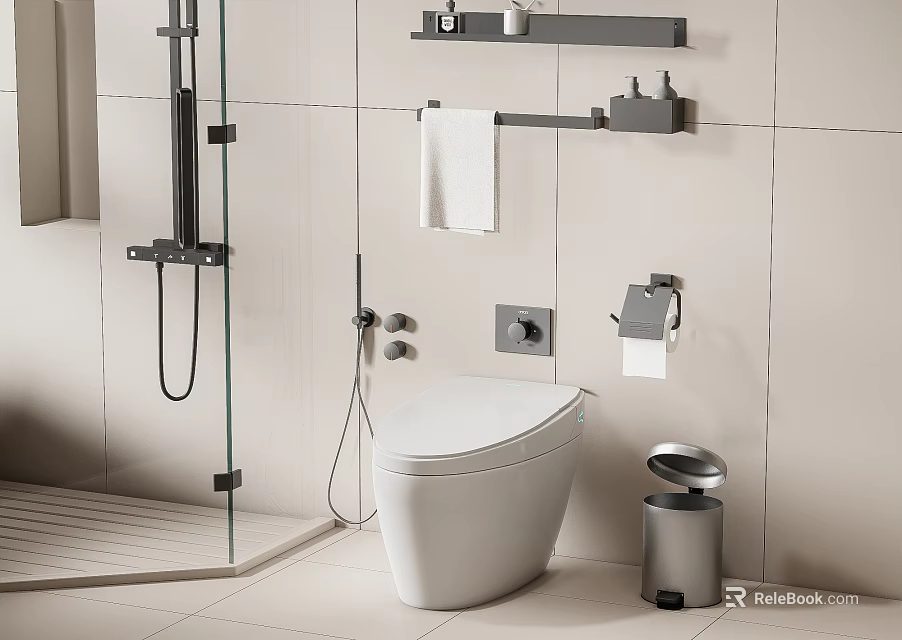Modern Toilet with Glass Shower Enclosure Wall Mounted Shelf Towel Bar and Trash Can 3d model 
