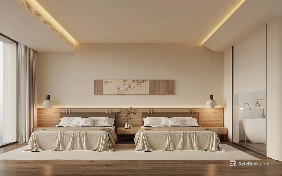 Modern Minimalist Hotel Room With Twin Beds Neutral Tones And Decorative Wall Art 3d model 
