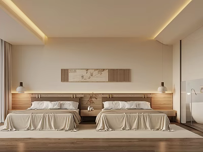 Modern Minimalist Hotel Room With Twin Beds Neutral Tones And Decorative Wall Art 3d model