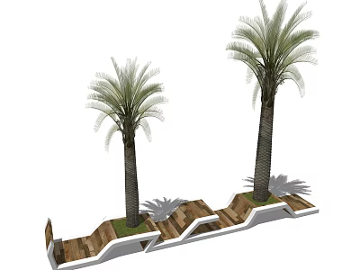 Wooden Outdoor Chair With Palm Trees And Grass On Wooden Platform 3d model