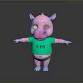 Pink Hippo Doll In Green Shirt With HIPPO Text Green Shorts Standing On Dark Background