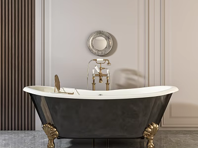 Elegant Black And White Bathtub With Golden Claw Feet And Round Mirror In Modern Bathroom 3d model