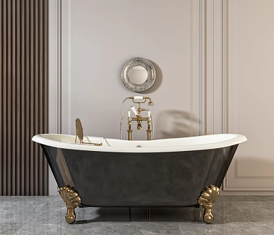 Elegant Black And White Bathtub With Golden Claw Feet And Round Mirror In Modern Bathroom 3d model