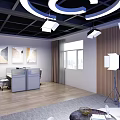Modern Court Reception Area With Curved White Desk And Blue Background Lighting