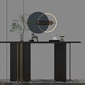 Modern Minimalist Console Table With Circular Ring Light Decorative Plant And Small Ornaments 3d model