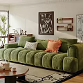 Green Velvet Sectional Sofa With Pillows In Living Room With Coffee Table And Decorative Painting