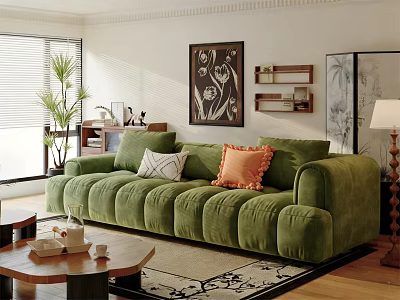 Green Velvet Sectional Sofa With Pillows In Living Room With Coffee Table And Decorative Painting 3d model