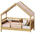 Wooden Kids Bed With House Shaped Fabric Roof And Pink Checkered Bedding