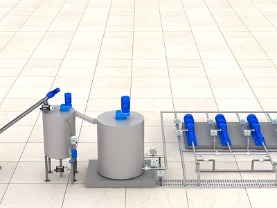 Industrial Equipment Configuration With Stainless Steel Tanks Blue Valves And Metal Conveyor System 3d model