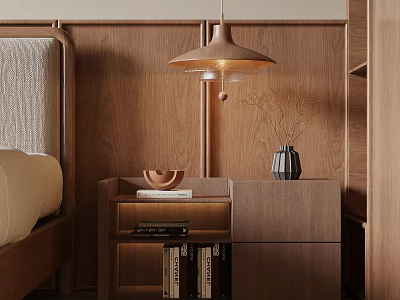 Modern Wooden Bedroom Pendant Light with Nightstand Books Vase and Decorative Bowl 3d model