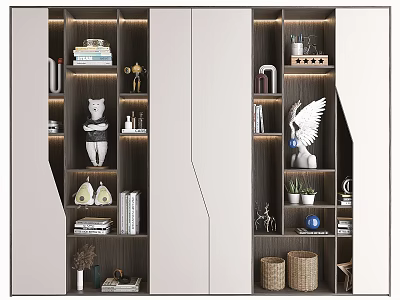 Modern Decorative Cabinet With Layered Shelves Featuring Sculptures Books Plants And Built In Lighting 3d model