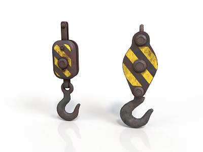 Pair Of Rusty Pulleys With Yellow And Black Stripes And Metal Hooks 3d model