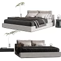 Modern Double Bed Design With Black Gray Bedding Multiple Pillows And Potted Plant 3d model