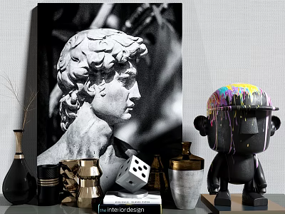 Decorative Ornament Set Featuring Classical Sculpture Head Colorful Painted Doll Vases And Dice For Home Decor 3d model