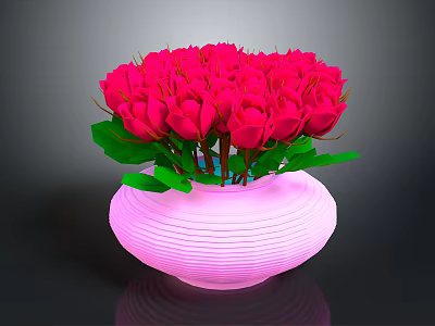 Elegant Sculpted Pink Striped Vase With Red Roses Display On Dark Background Surface 3d model