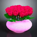 Elegant Sculpted Pink Striped Vase With Red Roses Display On Dark Background Surface