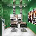 Green Themed Hair Salon Entrance With Barber Poles Chairs And Brick Wall Design