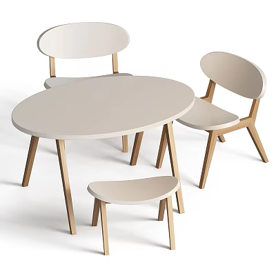 Modern Minimalist Dining Table Set With Oval Light Colored Top Wooden Legs Chairs And Stool 3d model
