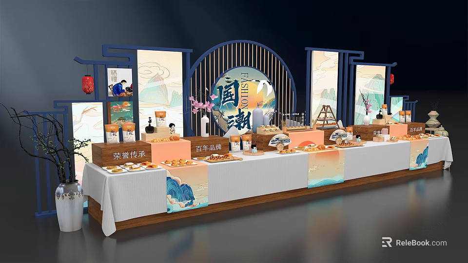 Elegant National Trend Pastry Display With Traditional Chinese Decorative Elements And Wooden Stand 3d model 