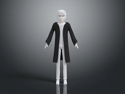 3D Model Man With White Hair In Black Coat White Innerwear Pants Shoes Gray Background 3d model