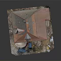 Beige House With Red Tile Roof Under Renovation Featuring Scaffolding Debris And Blue Tarpaulin